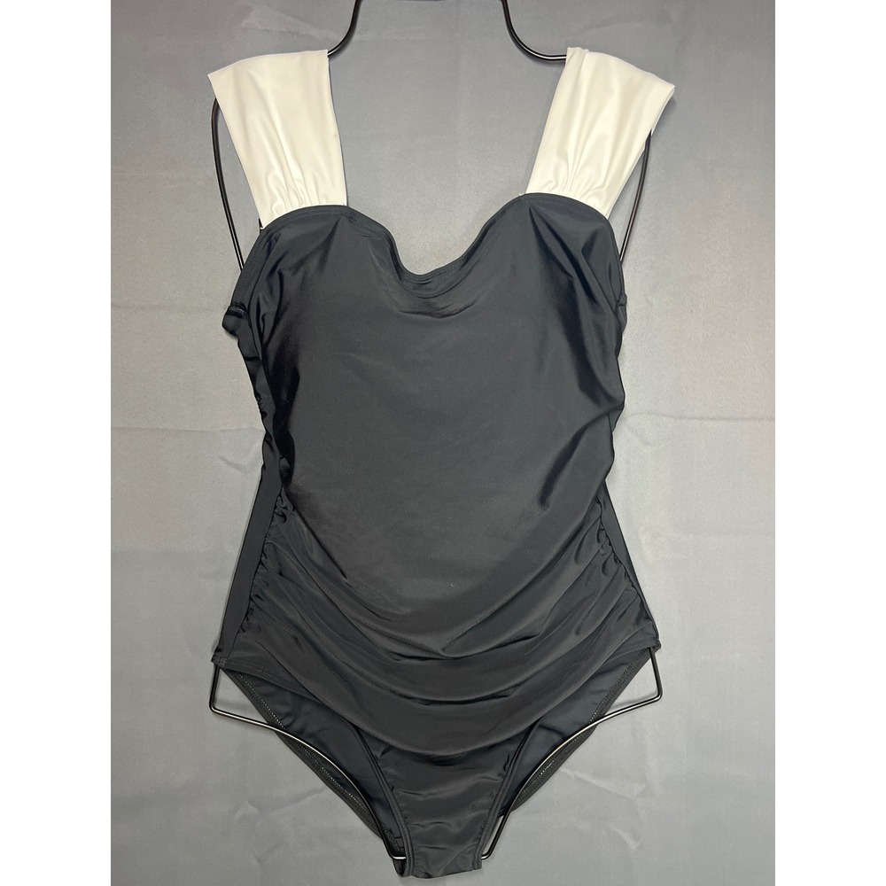 Sleek Black & White One-Piece Swim Suit with Wide Straps